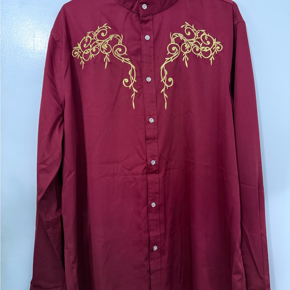 Burgundy Shirt Gold Embroidery Zeroyaa Mens XLarge XL red button down NWT NEW - Picture 3 of 14